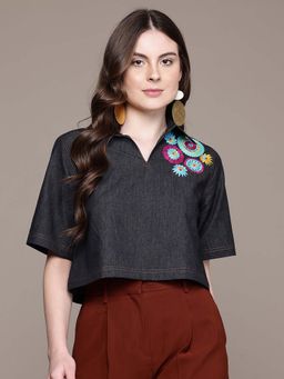 Aarke Ritu Kumar - Black Embroidered Collar Neck Top