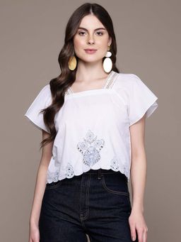 Aarke Ritu Kumar - White Embroidered Square Neck Top
