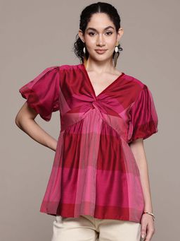 Aarke Ritu Kumar - Pink Checks V-Neck Top