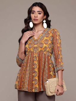 Aarke Ritu Kumar - Mustard Floral V-Neck Top