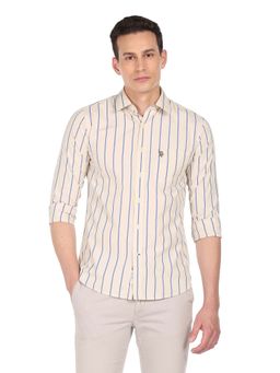 U.S. POLO ASSN. - Men Light Beige Premium Cotton Striped Casual Shirt