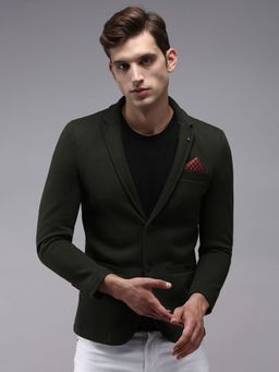 SHOWOFFFF - Men Notched Lapel Olive Solid Blazer
