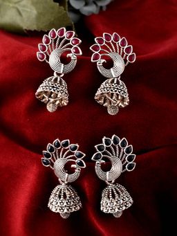 Silvermerc Designs - Silver Toned Oxidised Peacock Earrings (Pack of 2)