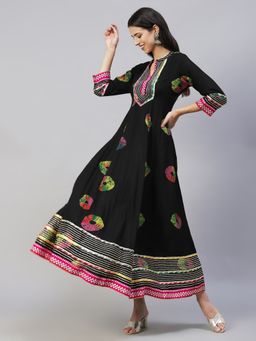 FASHOR - Ethnic Printed & Embroidered Anarkali Flared Maxi Dress - Black