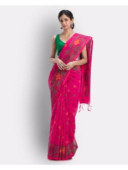 Angoshobha - Rani Pink Handloom Printed Cotton Blend Saree with Unstitched