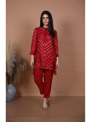 Maroon - Bandhani Tie-dye Cotton Long Straight Kurta 13