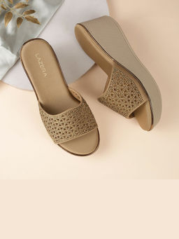 LAZERA SHOES - Lazera Women’s Embellished Wedge Slide Gold Sandals