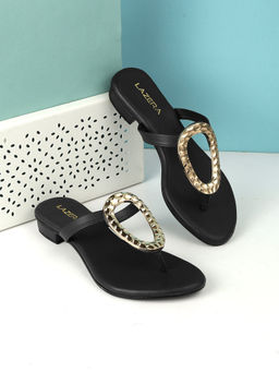 LAZERA SHOES - Lazera Women’s Metallic Ring Slip-On Black Sandals