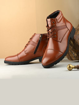 Valentino - Men Premium Leather Police Lace-Up Ankle Boots with Side Zipper (Global-86-Tan)