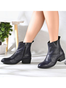 Valentino - Women Premium Leather Navy Blue Ankle Boots with Side Zip