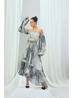 Nirmooha - Printed Off-Shoulder Crop Top with Skirt