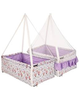 BAYBEE - Purple Flora Cotton Hanging Cradle with Mosquito Net and Spring