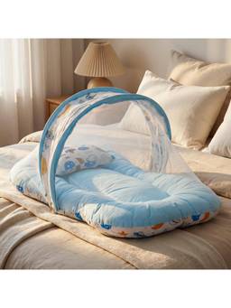 BAYBEE - Blue Muslin Cotton Baby Bedding Set with Mosquito Net