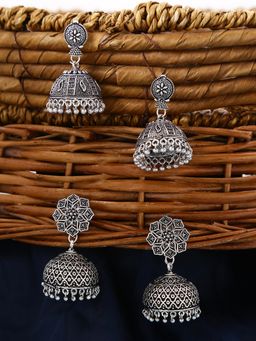 Yellow Chimes - Combo 2 Pairs Oxidised Silver Plated Handcrafted Jhumka Earrings