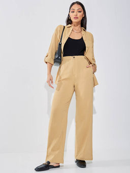 Styli - Women Oversized Textured Shirt & Pants Beige (Set of 2)