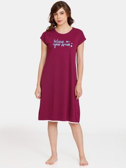 Zivame - Rosaline Dream Land Knit Cotton Knee Length Nightdress - Plum Caspia