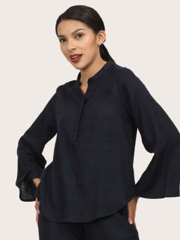 Saltpetre - Women Navy Blue Mandarin Neck Bell Sleeve Tunic