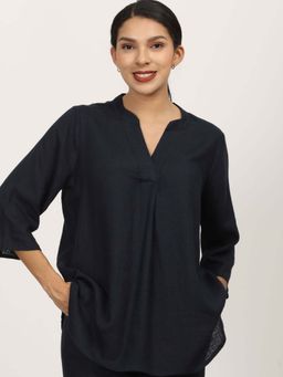 Saltpetre - Women Navy Blue Linen Split V Neck Tunic