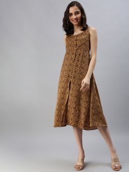 SHOWOFF - Women's Midi Animal Camel Brown Shoulder Straps Fit And Flare Dress