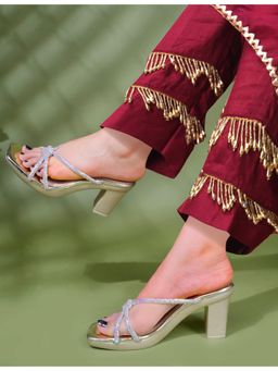 Twenty Dresses by Nykaa Fashion - Womens Gold Glamorous Multi-Strap Block Sandal Heels