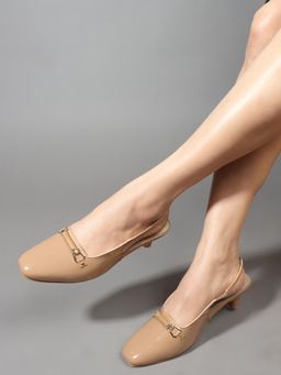 Twenty Dresses by Nykaa Fashion - Womens Tan Shiny Metal Buckle Slingback Block Heels
