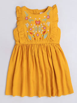 Hopscotch - Girls Mustard Floral Embroidered Ruffled Sleeve Fit And Flare Casual Dress