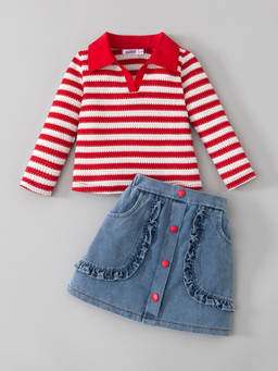 Hopscotch - Striped Blouse And Denim Skirt