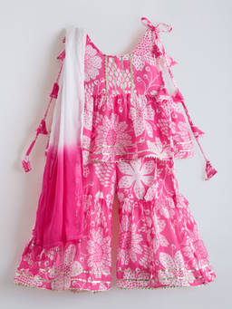 Hopscotch - Cotton Floral Kurta With Sharara And Dupatta
