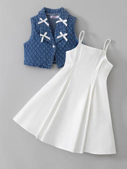 Hopscotch - Bow Denim Vest And Strappy Dress