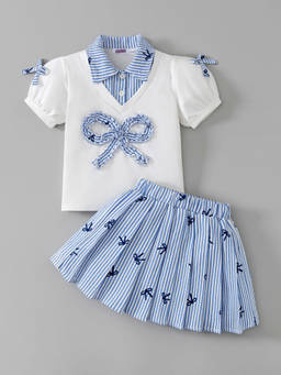 Hopscotch - Bow Applique Shirt And Striped Pleated Skirt