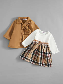 Hopscotch - Plaid Dress And Bow Applique Jacket