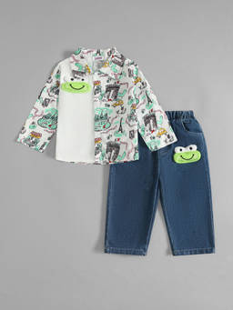 Hopscotch - Frog Applique Shirt And Denim Jeans