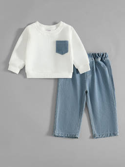 Hopscotch - Denim Pocket Sweatshirt And Jeans Set