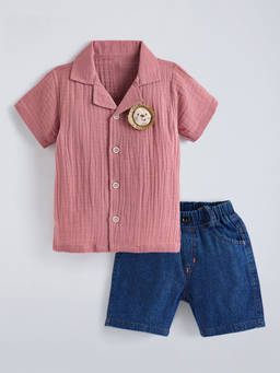 Hopscotch - Lion Applique Textured Shirt And Shorts