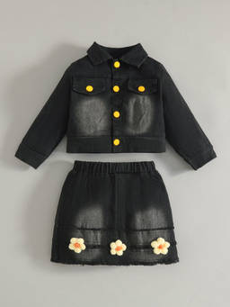 Hopscotch - Floral Applique Denim Skirt Set