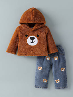 Hopscotch - Hooded Bear Applique And Denim Jeans