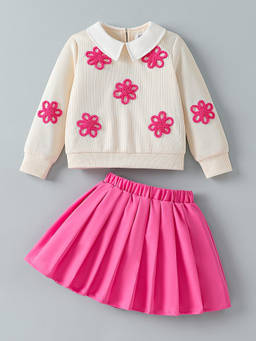 Hopscotch - Floral Applique Blouse And Skirt