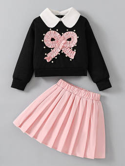 Hopscotch - Bow Applique Blouse And Pleated Skirt