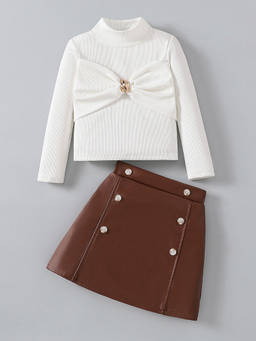 Hopscotch - Bow Applique Blouse And Skirt