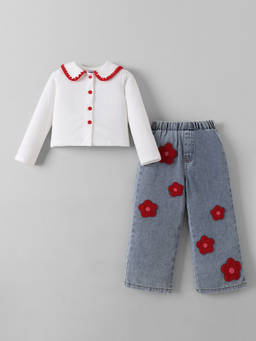 Hopscotch - Floral Applique Jeans And Blouse