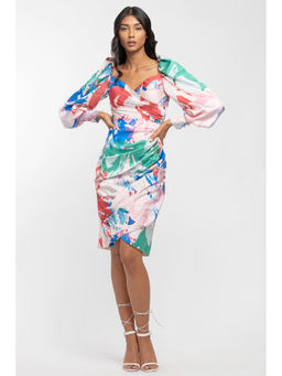 MANDIRA WIRK - Satin Printed Draped Dress Multi-color