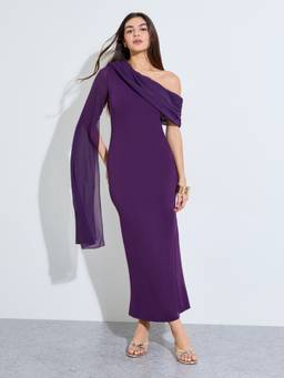 Styli - Women Purple Solid One-Shoulder Bodycon Maxi Dress