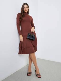 Styli - Women Brown Solid High Neck Bodycon Knee-Length Dress