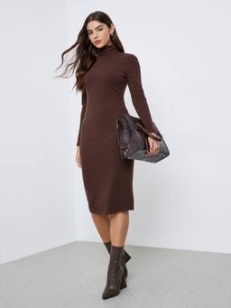 Styli - Women Brown Solid Turtle Neck Full Sleeves Bodycon Midi Dress