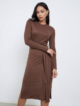 Styli - Women Brown Solid Full Sleeves Bodycon Midi Dress With Belt