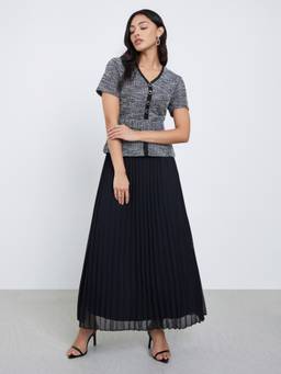 Styli - Women Black Self Design V Neck Flared Maxi Dress With Belt
