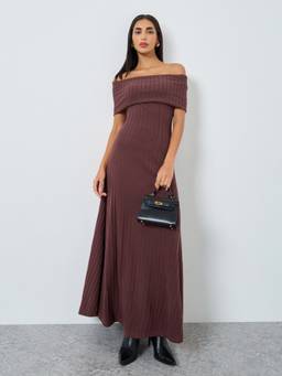 Styli - Women Brown Ribbed Off Shoulder Half Sleeves Bodycon Maxi Dress