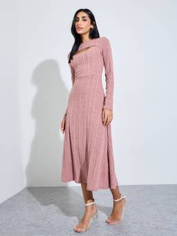 Styli - Women Pink Textured Round Neck A Line Midi Dress
