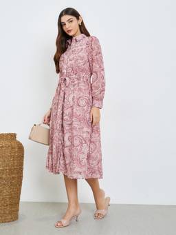 Styli - Women Pink Paisley Print Collar Neck Full Sleeves Flared Midi Dress