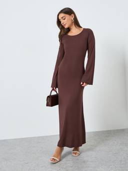 Styli - Women Brown Ribbed Round Neck Bodycon Maxi Dress